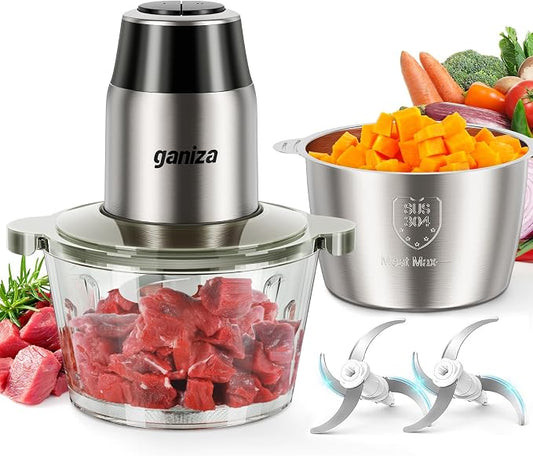 GANIZA Food Processors, Electric Food Chopper with Meat Grinder & Vegetable Chopper - 2 Bowls (8 Cup+8 Cup) with Powerful 450W Copper Motor - Includes 2 Sets of Bi-Level Blades (Silver)