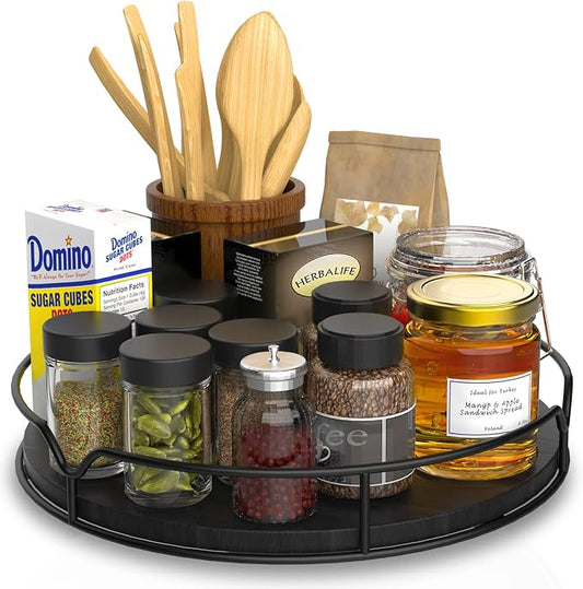 Lazy Susan Turntable Organizer for Cabinet Pantry Kitchen Countertop Refrigerator Cupboard, Pine Wood, 9", Black