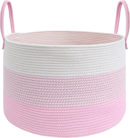 JMvicyroam 65L Extra Large Blanket Basket for Living Room - Woven Cotton Rope Laundry Hamper with Reinforced Handles - Storage Bin for Pillows, Comforters & Toys - Machine Washable,White&Pink Mix