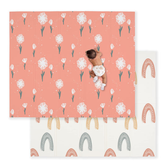 JumpOff Jo Foldable Foam Play Mat – Large Waterproof Baby & Toddler Activity Floor Mat, Double-Sided 70 x 59 Inch Play Surface - Flower Power