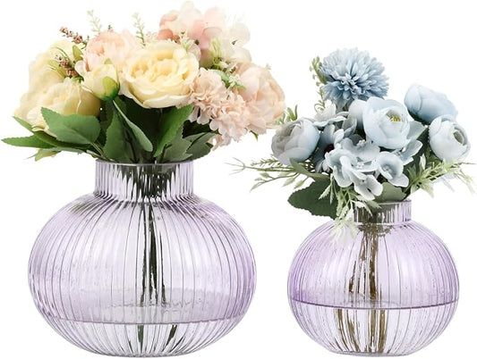 Purple Glass Vases for Tulips, Set of 2, Flower Vases for Bouquet, Ribbed Glass Vase for Flowers, Short Vase for Living Room, Office, Coffee Table, Shelf, Wedding
