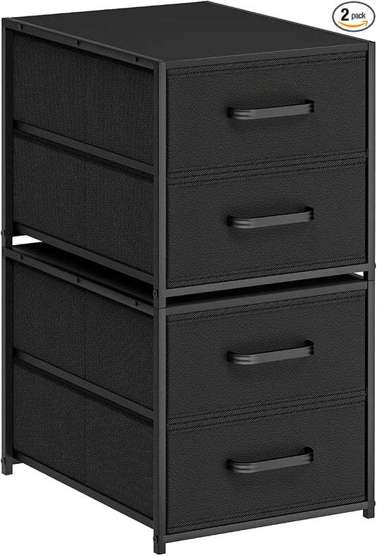 Homsorout Stackable Storage Drawers - 2 Tier Closet Organizer with Metal Handles, Fabric Dresser with Collapsible Bins for Bedroom, Dorm, Office, Black, 2 Pack