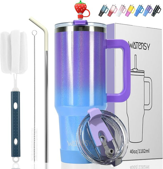 30 oz Shiny Tumbler with Handle and Straw,Stainless Steel Tumbler with Lid and Straw,Insulated Travel Mug(Cold for 34 Hours),Water Bottle for Iced Tea,Coffee (Purple)