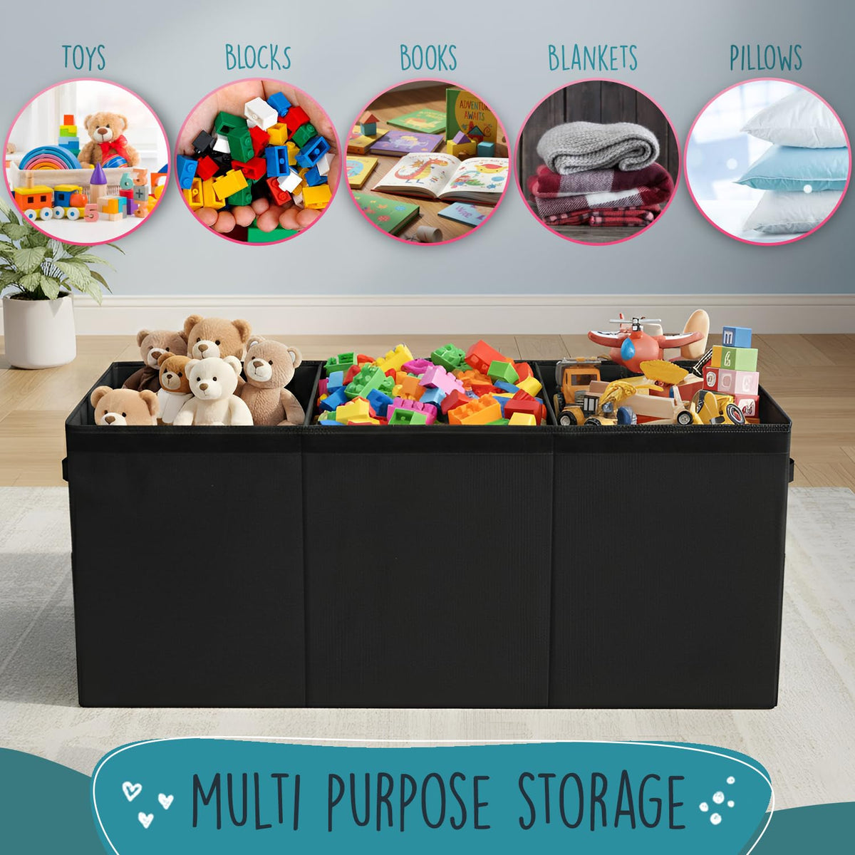 SoftOwl Extra Large Toy Storage Organizer with Lid - Sturdy, Collapsible Toy Chest Storage Box Design - Toys Bin with Dividers for Kids, Nursery, Bedroom, Playroom 37"x16"x14"
