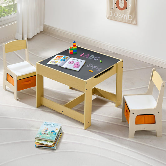 CuFun Kids Table and Chairs Set, 4 in 1 Wooden Kids Table with Reversible Tabletop, Children Activity Table with Removable Tabletop Storage, Toddler Table and Chair Set for Home, Nursery, Playroom