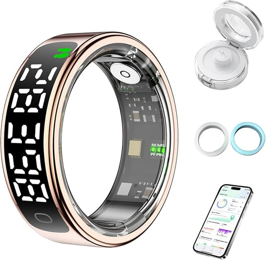 Smart Health Ring for Women Men, Smart Ring Fitness Tracker for iOS Android, Heart Rate, Blood Oxygen, Blood Pressure, Sleep Monitoring,5ATM Waterproof, No Subscription Fee (Gold, 10#)