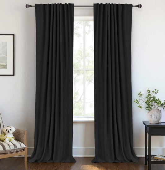 Skiennix 100% Blackout Linen Curtains - Thermal Insulated Drapes for Bedroom | 50" W x 108" L, Black