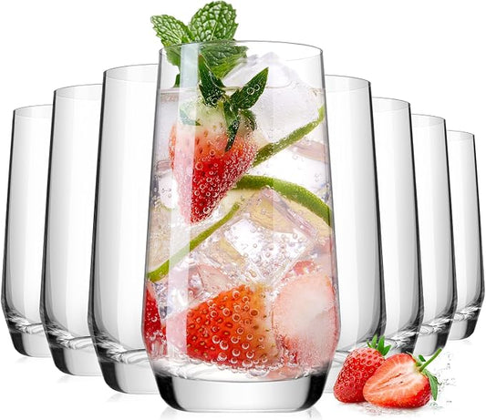 LUNA & MANTHA Drinking Water Glasses Set, Lead-Free Crystal Highball Glass, Tall Glass Cups for Cocktail Parties,Clear set of 8,16.2oz