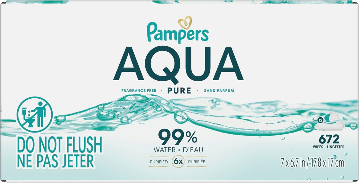 Pampers Aqua Pure Baby Wipes - 99% Water, Fragrance-Free, 672 Total Wipes in 12 Flip-Top Packs