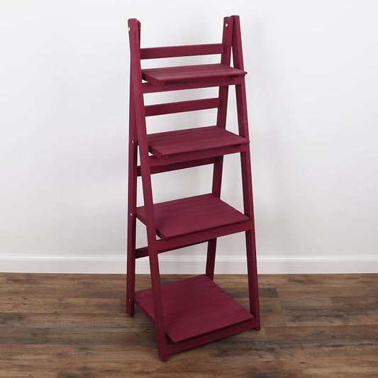 Distressed Ladder Shelf - Rustic Leaning Bookshelf for Home Decor (Raspberry)