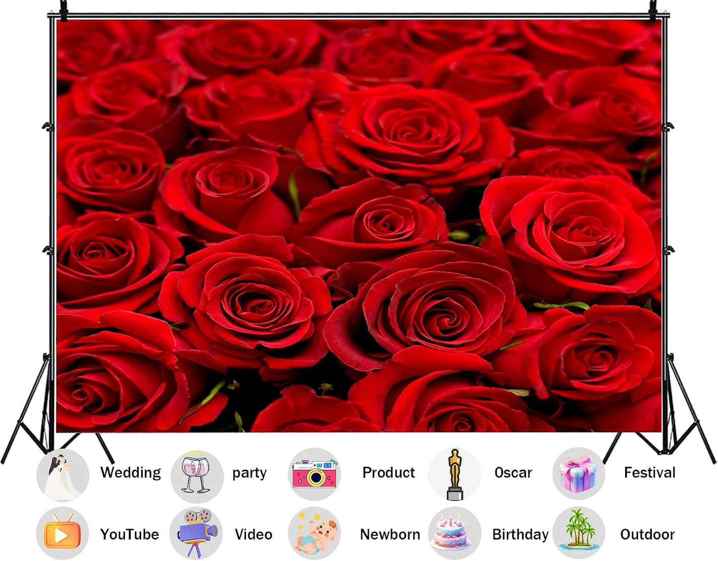 SHDASMIL 5X3ft Bright Red Roses Close Up Backdrop Fresh Floral Bouquet Background for Valentines Day Wedding Party