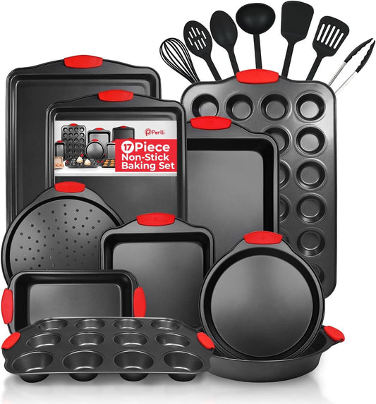 Perlli Non-Stick 17-Piece Baking Pan Set - BPA-Free Carbon Steel Bakeware with Silicone Handles | Oven Safe Up to 446°F