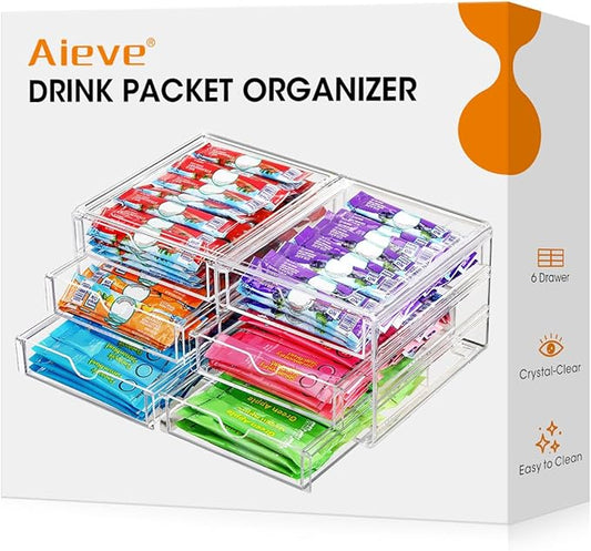 AIEVE Drink Packet Organizer, Stackable Storage Drawers for Tea Bag Organizer, Water Packet Holder with 6 Drawers Acrylic Bins for Kitchen Cabinets Pantry Office Organization