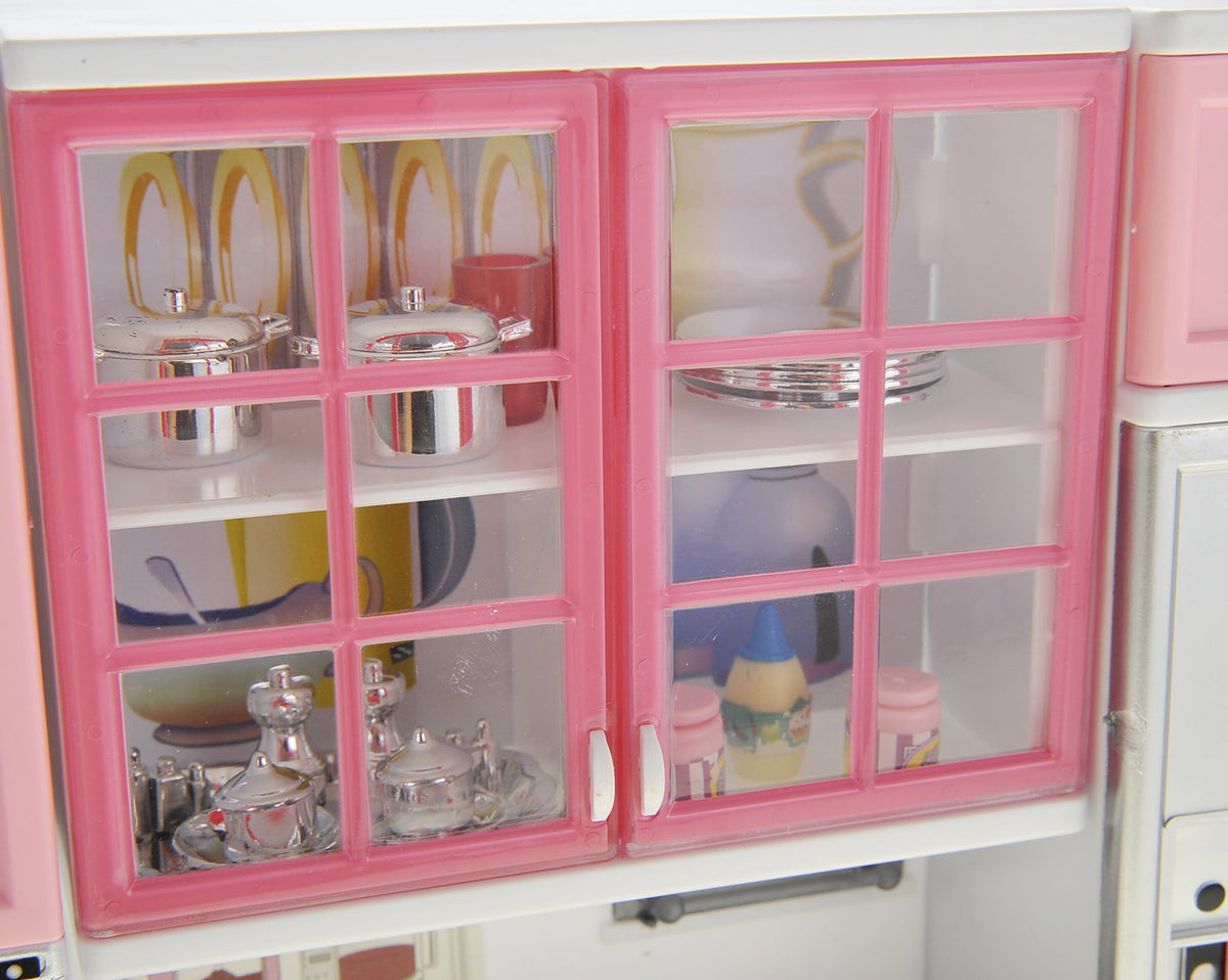 PowerTRC Doll Kitchen Play Set, Mini Modern Toy Pink Kitchen Pretend Play Furnitures Toy Set Accessories Set with Realistic Light & Sound for Kids Toddlers Girls (3-in-1)
