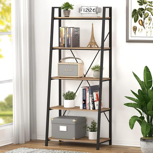 BON AUGURE Industrial 5 Tier Ladder Bookshelf, Wood and Metal Ladder Shelf Bookcase, Farmhouse Leaning Shelves for Living Room (Vintage Oak)