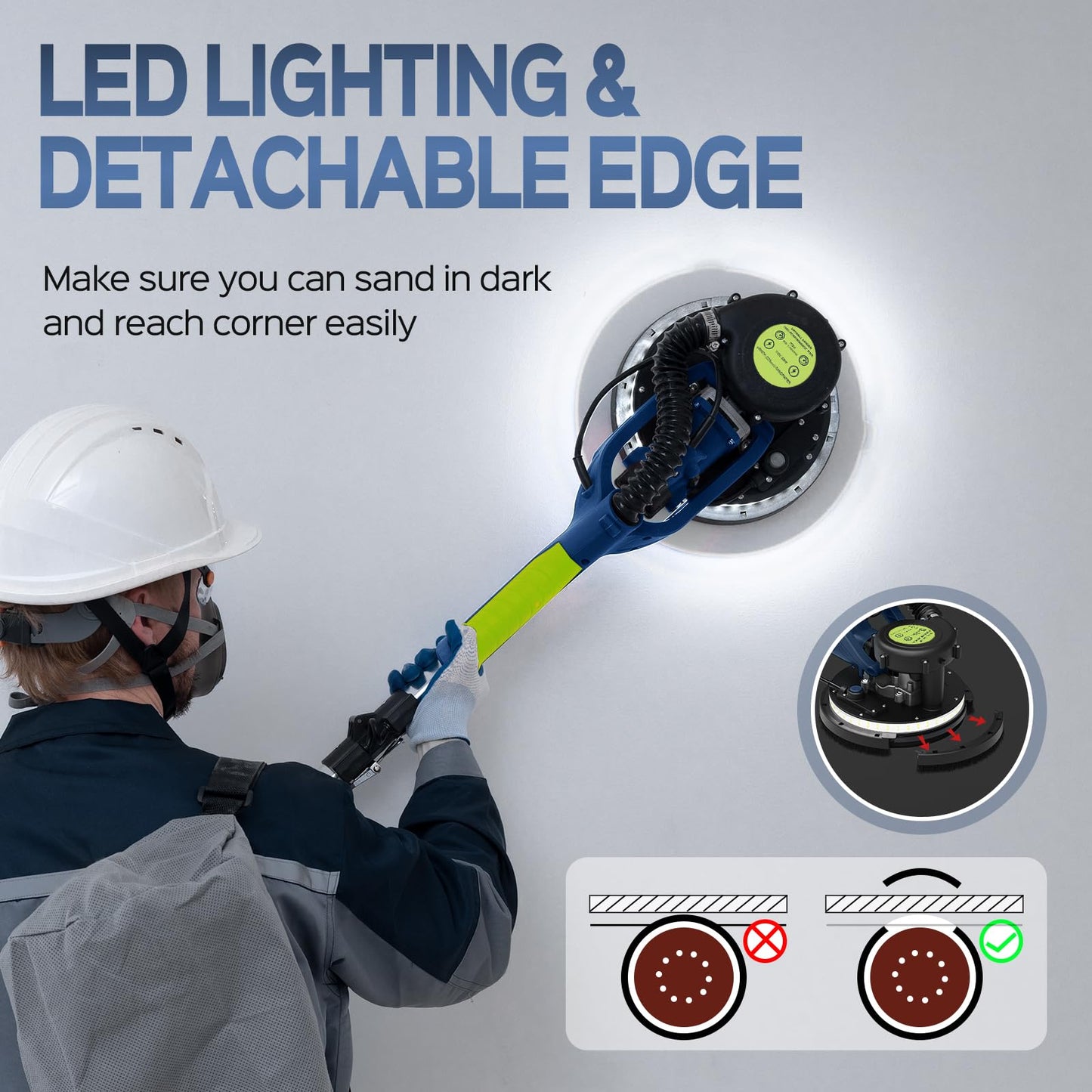 Drywall Sander, 2025 Upgraded 8-Amp Popcorn Ceiling Removal Tool with 7 Variable Speed 800-1800RPM, Drywall Sander with Vacuum Dust Collector with Extendable Handle, LED Light,12pcs Sanding Discs,Blue