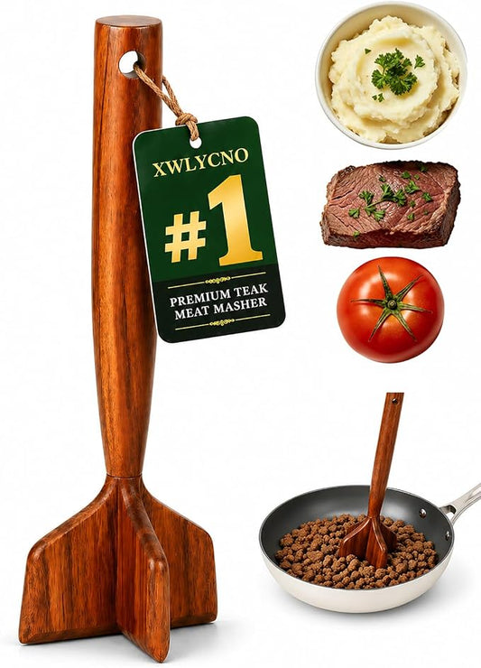 Meat Masher Ground Beef Chopper for Wooden Manual Tool Hamburger Wood Smasher Turkey Potato Chicken Grinder Teak Beed Tenderizer 2026 New Heavy Duty Kitchen Gadgets