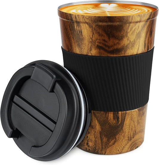 CS COSDDI 12 oz Stainless Steel Vacuum Insulated Tumbler - Coffee Travel Mug Spill Proof with Lid - coffee Cup for Keep Hot/Ice Coffee,Tea and Beer (D-wood grain)