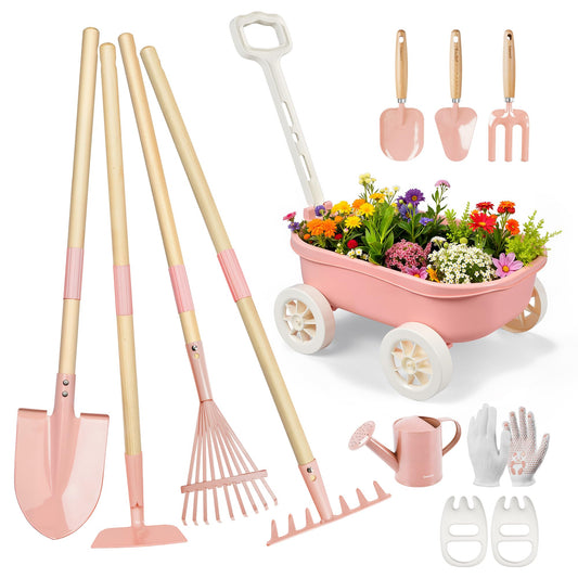 Grenebo Kids Gardening Set with Wheelbarrow, 11-Piece Outdoor Yard, Beach, STEM Garden Play Kit with Child-Sized Tools, Durable, Safe & Fun Gift Toy for Ages 2+ Kids Toddlers Boys Girls (Pink)