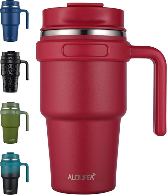 20 oz Insulated Coffee Mug Tumbler with Handle, Stainless Steel Travel Mug Tumbler with Lid and Straw,Double Wall Vacuum Leak Proof Ice Coffee Thermal Cup, Red