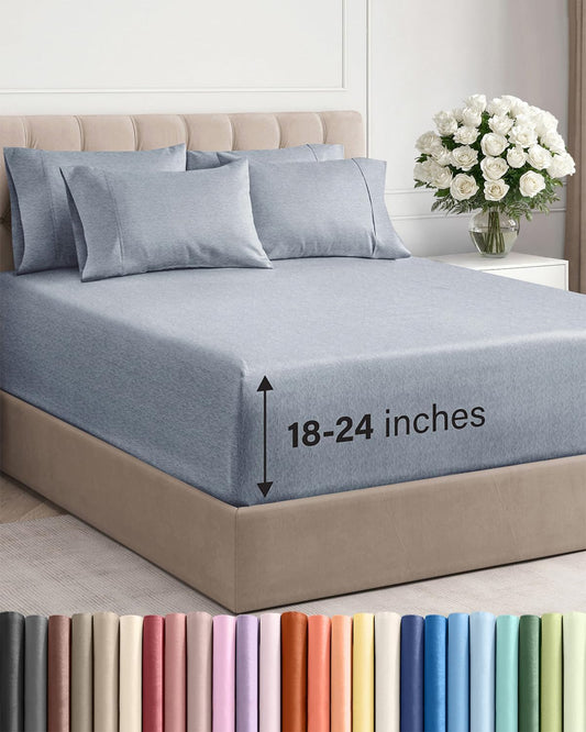 Skiennix Extra Deep Queen Sheet Set - 6 Piece Breathable Cooling Bedding - Soft Wrinkle-Free Heathered Blue