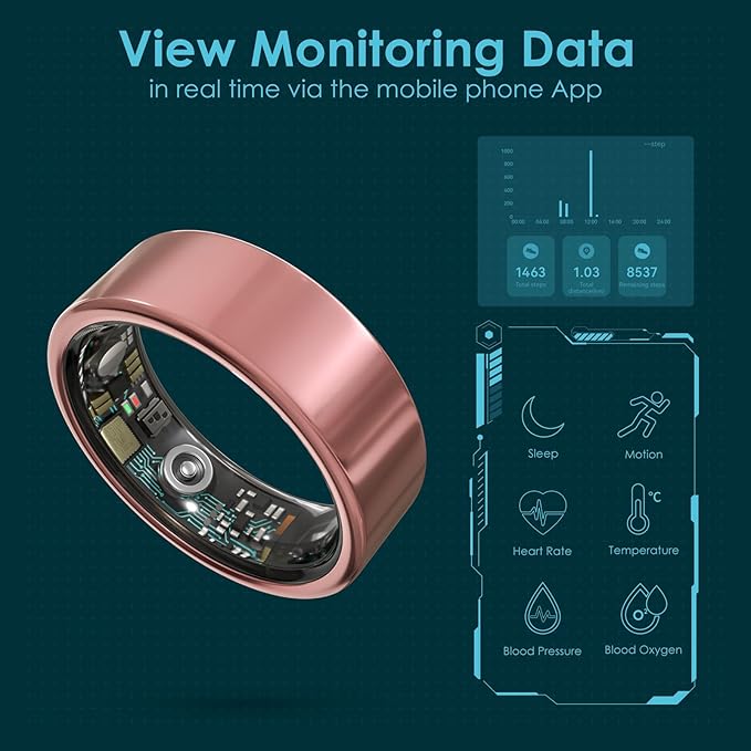 Smart Ring Health Monitoring 5ATM Waterproof Fitness Tracker with Glossy Titanium Surface Blood Oxygen/Sleep/Stress Tracking Women?™s Cycle Prediction Sport Ring Compatible with iOS/Android Gold 9