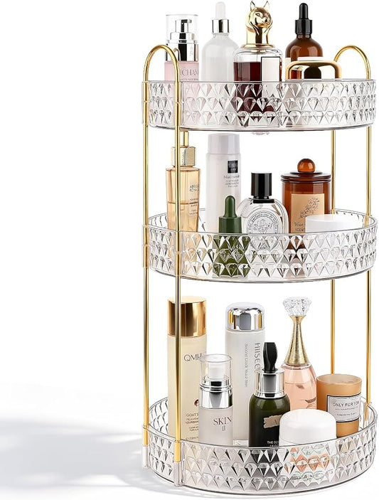 Rotating Makeup Organizer for Vanity, 3 Tier Perfume Skincare Storage for Women, Bathroom Counter Organizer, 360° Spinning Cosmetic Holder for Dresser Countertop, Clear