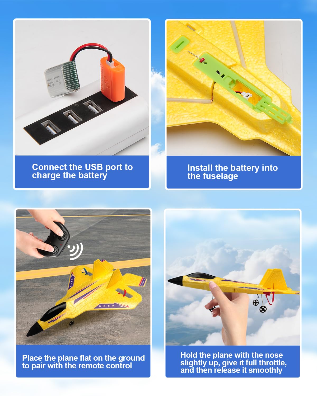 ANTSIR RC Plane F22 RC Airplane, 2. 4GHz Foam Remote Control Airplane with Gyro Stabilizer/LED Light/2 Rechargeable Batteries Easy to Fly RC Glider Jet Toy for Kids Boys Adults Beginners (Yellow)