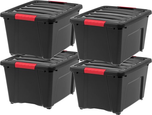 IRIS USA Plastic Storage Box - 30 L (32 QT) BPA-Free Containers with Lid & Latches - Black, 4 Pack