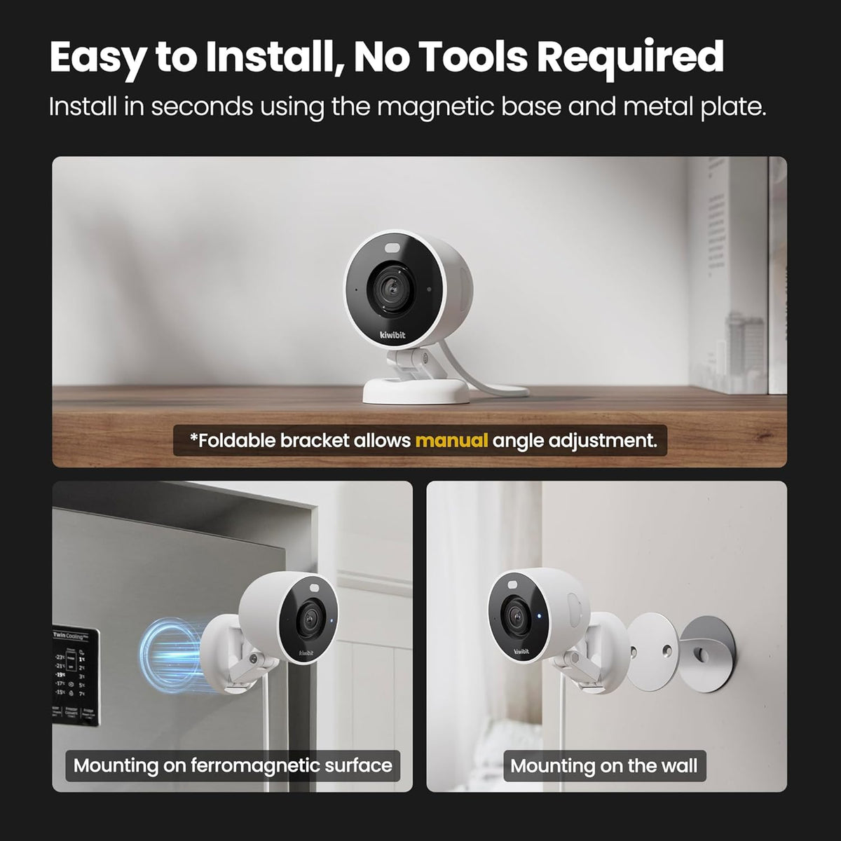 Kiwibit 2K 10FT Security Camera Indoor/Outdoor, Pet Camera, Baby Monitor, Magnetic Mount, AI Detection, Color Night