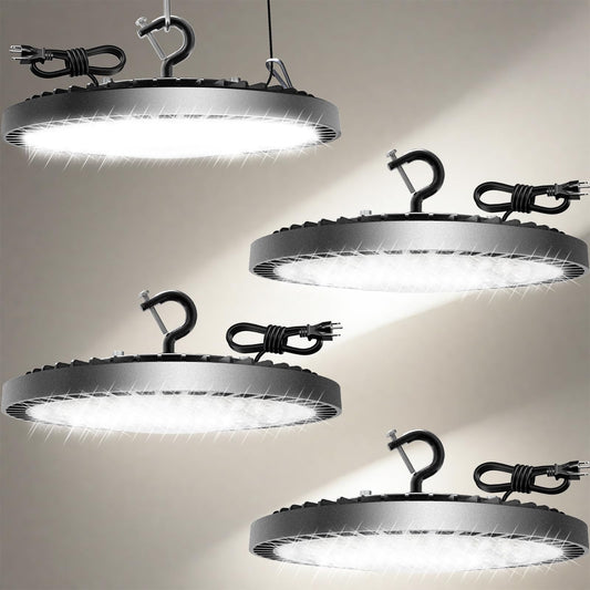 160W 4 Pack UFO High Bay Light LED Shop Lights, 25000LM Garage Lights, 6500K LED Barn Light, Industrial Lamp w/ 6.6ft Plug Power Cord, IP65 Waterproof Work Light for Warehouse Workshop Factory Gym