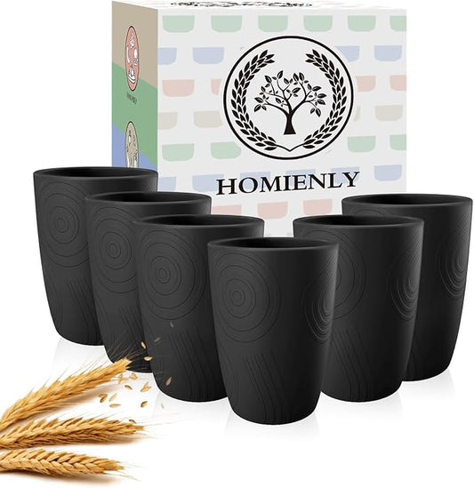 Homienly Wheat Straw Drinkware 12oz Unbreakable Drinking Glasses 6-Piece Stackable Kithen Cups Dishwasher and Microwave Safe Cups for Everyday Family Meals, Entertaining-Black