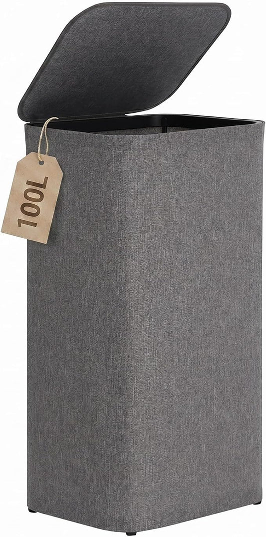 DOKEHOM 100L Laundry Hamper with Lid, Large Collapsible Laundry Basket with Removable Mesh Liner Bag, Collapsible Clothes Sorter for Bedroom, Bathroom, College Dorm, Dark Grey