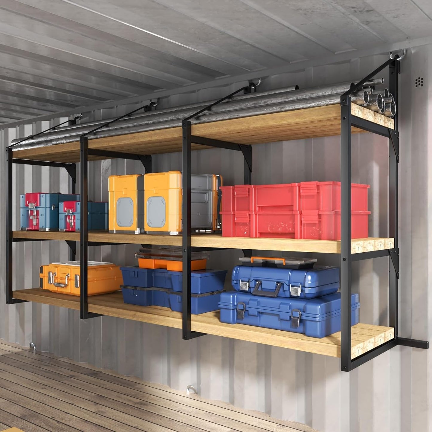 iyrany LKUHBT Heavy Duty Shipping Container Shelving Brackets – 4 Pack 3-Tier Steel Storage Rack System, 52" H x 22" W, Universal Container Accessories for Garage, Warehouse, Industrial Use