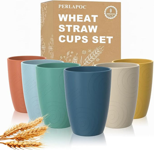 Wheat Straw Cups, Plastic Cups Unbreakable Drinking Cups Set of 6, Reusable Plastic Cup 12 OZ, Dishwasher Safe Tumblers & Water Glasses, Multi