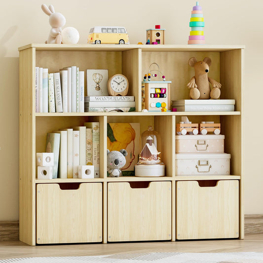 EXPERLAM Toy Storage Organizer, Toy Organizer with 3 Movable Drawers and 5 Storage Cubes, Toy Storage Chest with Hidden Wheels, Kids Bookshelf for Playroom, Burlywood