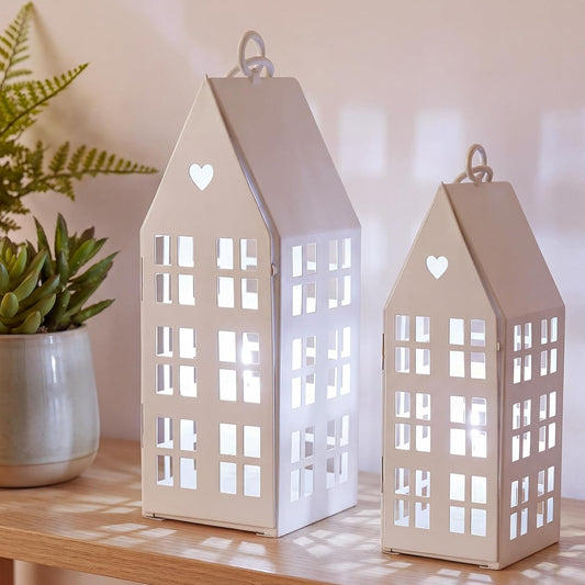 SiliFine White Farmhouse Village Set - 2 Rustic Houses with 2 White Candles | Modern Lantern Decor for Home & Events