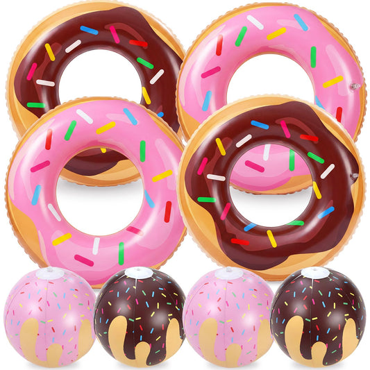 Soulchen 8 Pack Inflatable Donut Pool Floats 35.4" Donut Pool Floats Tubes with Beach Balls for Adults Doughnut Swim Tube Rings Blow up Floaties for Summer Swimming Beach Game Party Decors Supplies