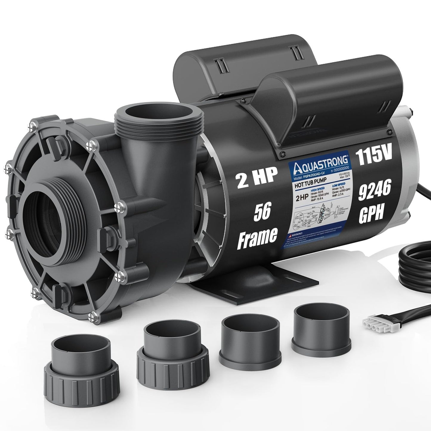 Aquastrong SPA Pump, Dual Speed Hot Tub Pump, Pure Copper Motor, Low Noise, Easy Installation with 1.5" & 2" Adapters, 90° Rotating Inlet & Outlet, Compatible with Hot Tubs & Spa Systems, Black