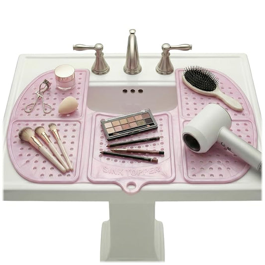 Sink Topper Bathroom Counter Cover & Storage Saver, Foldable Silicone Mat for Hot Tools, Hair Styling & Makeup, Beauty Brush Cleaning Mat, RV Camper Sink Cover & for Small Spaces (Large Pink)