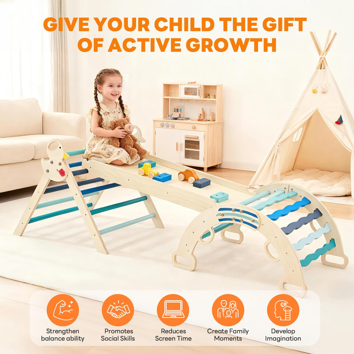 DUMOS Pikler Triangle Set, Toddler Climbing Toys and Play Structure Indoor, 9-in-1 Wooden Montessori Climbing Set with Arch, Ramp and Ladder, Foldable Baby Jungle Gym