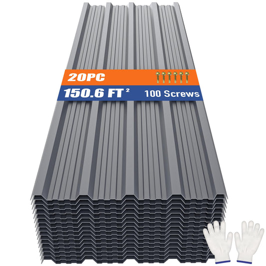Brakki Corrugated Metal Roofing Panels 20pcs 150.6 ft², Grey Galvanized Steel Roof Panels with Screw, Heavy Duty Metal Siding Suitable for Garages Chicken Coop Sheds Stables Patio