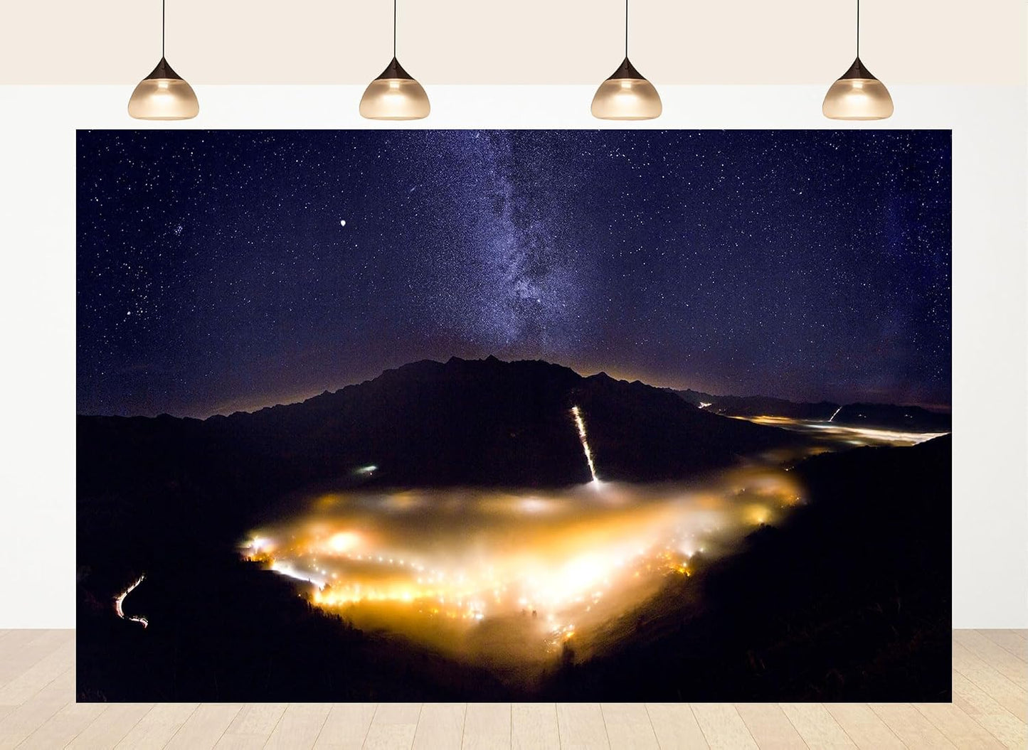 LidyMini 10x8ft Fabric Alpine Valley Starry Night Backdrop Milky Way Foggy Town Lights Photography Background Mountain