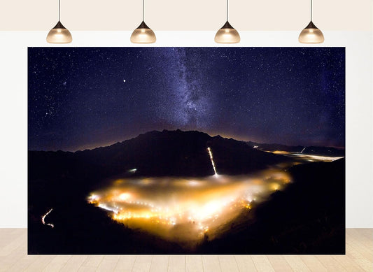 LidyMini 10x8ft Fabric Alpine Valley Starry Night Backdrop Milky Way Foggy Town Lights Photography Background Mountain