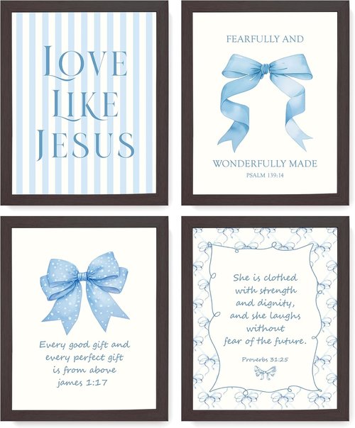 LARTSFRO Coquette Blue Bow Wall Art Decor - Inspirational Bible Verse Posters | 10x8 Inch Set of 4 for Teen Girls