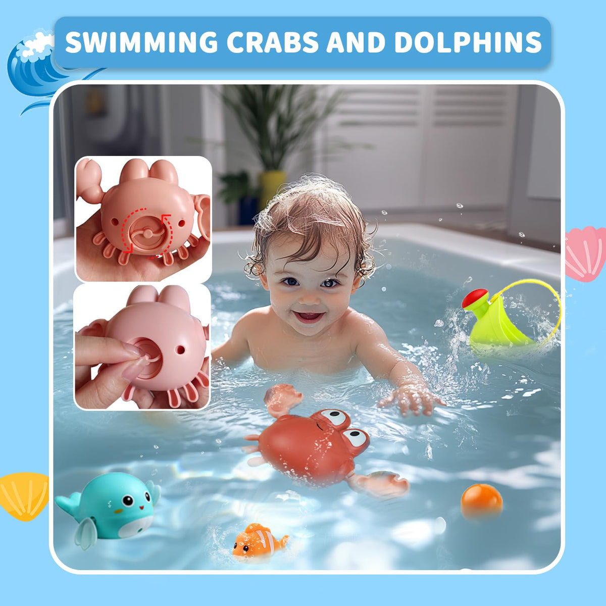 YAZ&OUZ Water Table for Toddlers 1-3, 3-Tier Kids Water Table, Water Tables for Toddlers 3-5 Features Swimming Crabs & Dolphins, Rain Showers Splash Pond, Activity Sensory Play Table for Boys Girls