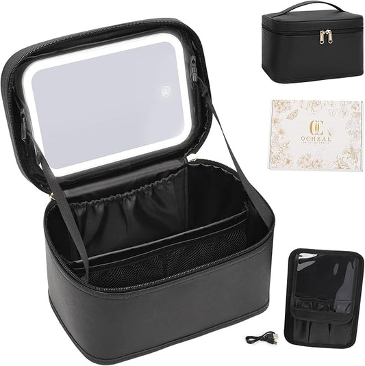 Makeup Bag With LED Mirror, Lightweight Travel Makeup Bag With 3 Color Setting Light Up Mirror Cosmetic Makeup Organizer Vanity Case for Women Beauty Tools Accessories Rechargeable Train Case-Black