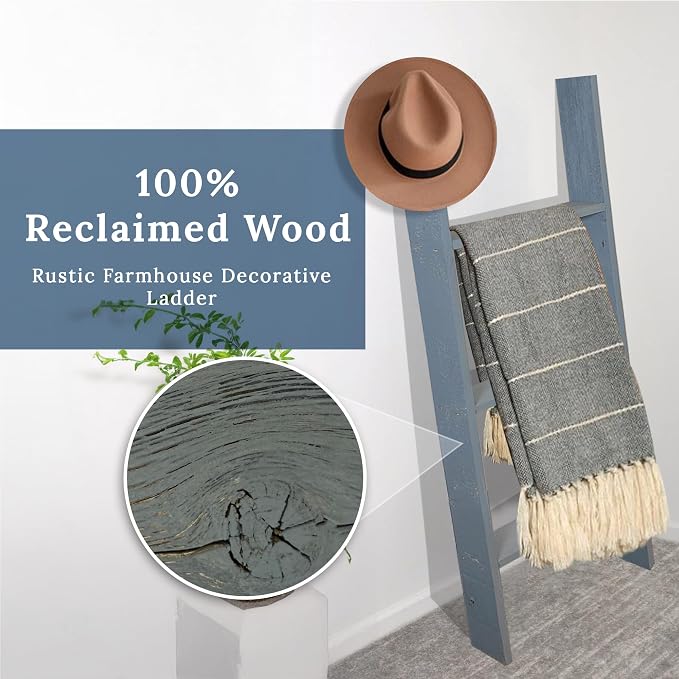 BARNWOODUSA Throw Blanket Ladder – Fully Assembled Reclaimed Wood – Rustic Decorative Ladder for Towels, Quilts, & More – Perfect Decor for Bathroom, Porch, or Living Room,5' x 18" Slate Blue