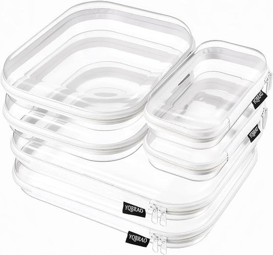 YQBRAO 6 Pack Clear Hard Shell Zipper Case, 1.2mm Heavy Duty Crush-Proof Diaper Bag Organizer Pouches, TSA Approved Travel Makeup Bag for Toiletries & Electronics, (2L, 2M, 2S) Multi-Size Storage Set