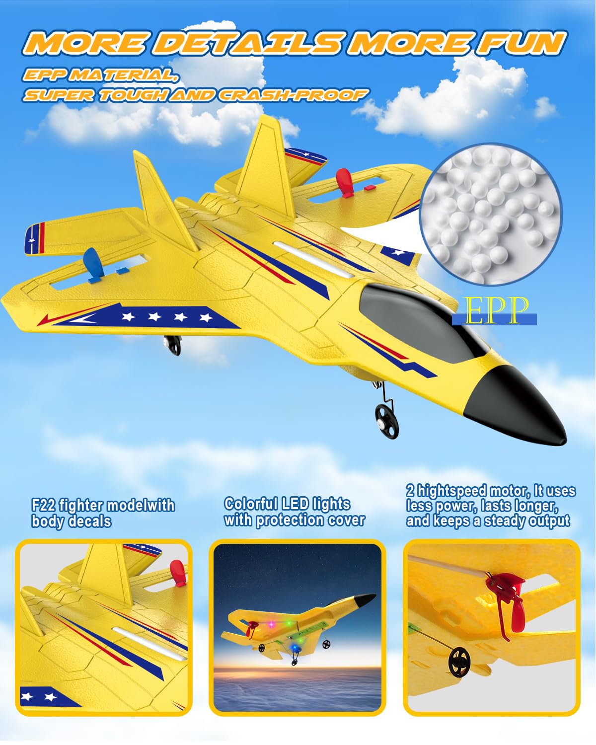 ANTSIR RC Plane F22 RC Airplane, 2. 4GHz Foam Remote Control Airplane with Gyro Stabilizer/LED Light/2 Rechargeable Batteries Easy to Fly RC Glider Jet Toy for Kids Boys Adults Beginners (Yellow)